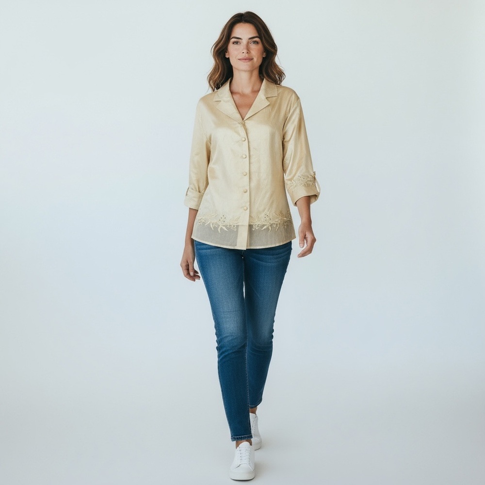 Vintage Dressbarn Gold Silk Embroidered Blouse Large